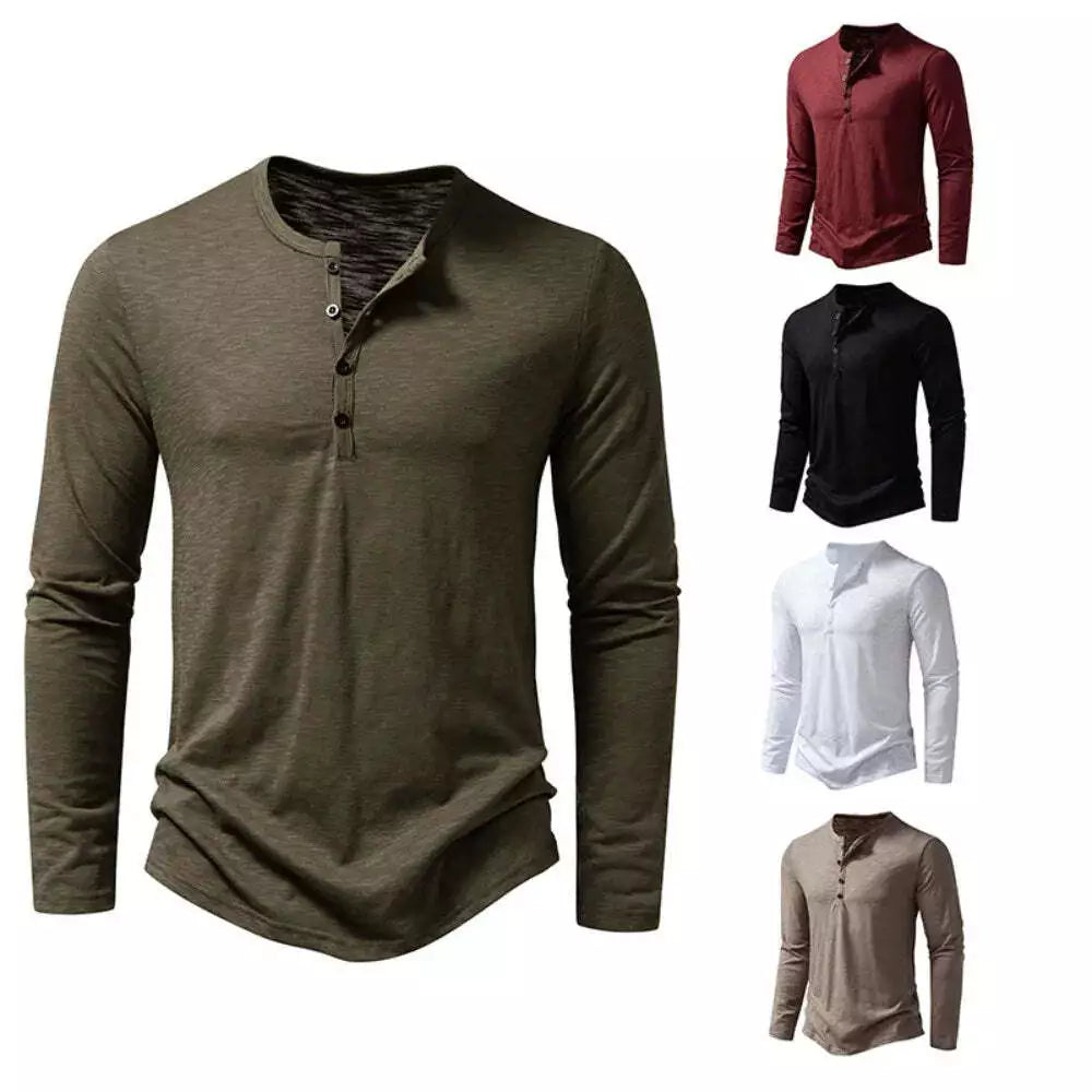 Men Long Sleeve Henry Collar T Shirt Solid Cotton Slim Fit Tee Shirts Spring Autumn Tops Black S