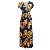 Womens V Neck Floral Printed Maxi Long Dress Short Sleeve