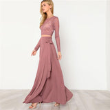 Women Pink Crop Lace Top & Knot Skirt Set - Toplen