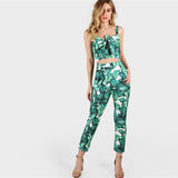 Women Front Tie Leaf Print Crop and Matching Set V neck - Toplen