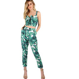 Women Front Tie Leaf Print Crop and Matching Set V neck