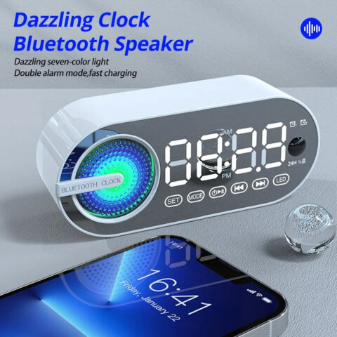 Wireless Bluetooth Speaker Alarm Clock RGB TWS USB LED Mirror Digital