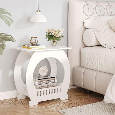 White Small 2 Tier Bedside Table Side Table with Shelf