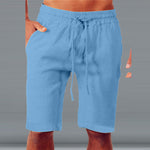 Cotton Linen Mens Elastic Waist Drawstring Chino Casual Cargo Shorts