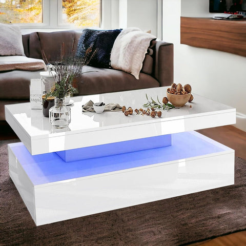 LED Coffee Table Wooden 2 Drawer Storages