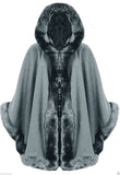 Ladies Celeb Towe Thick Faux Fur Trimmed Hooded Shawl Cloak Poncho Cape - Toplen