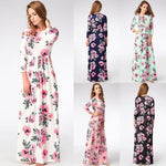 Ladies Floral Print Long Sleeve Boho Dress Evening Party Long Maxi Dress - Toplen