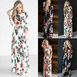 Ladies Floral Print Long Sleeve Boho Dress Evening Party Long Maxi Dress - Toplen
