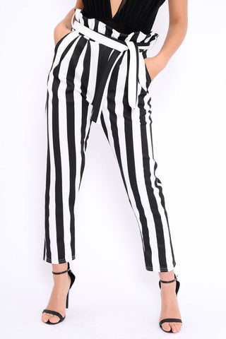 High Waist Striped Slim Trousers - Toplen