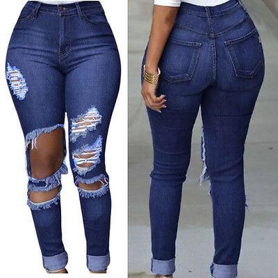 Women Denim Skinny Ripped High Waist Stretch Jeans Slim Pencil Trousers - Toplen