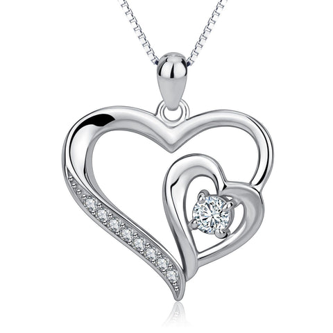 925 Sterling Silver Pendant Double Love Heart Crystal Necklace - Toplen