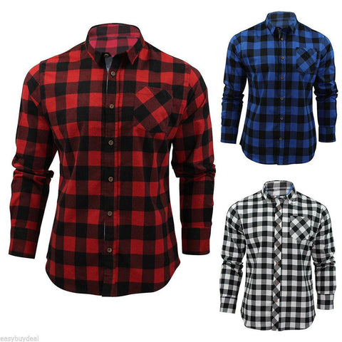 Men's Classic Check Long Sleeve Shirt Button Down Casual Shirt - Toplen