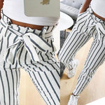 Women High Waist Striped Casual Lace Up Trousers