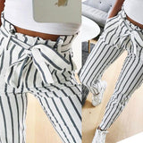 Women High Waist Striped Casual Lace Up Trousers