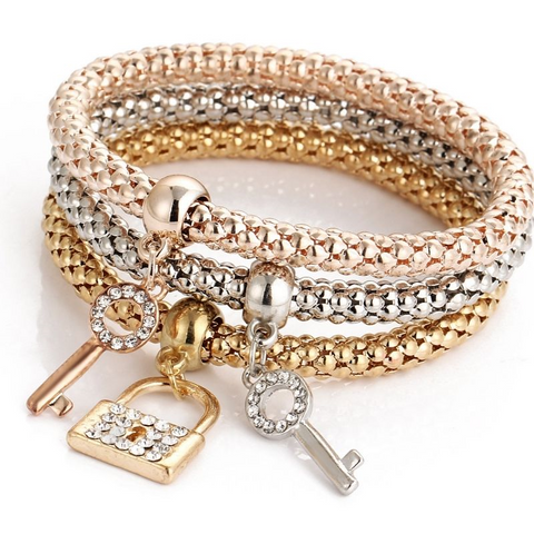 Ladies 3 set Rose Gold silver Gold lock key bracelet bangle jewellery Gift - Toplen