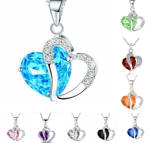 Fashion Women Pendant Jewelry Crystal Heart 925 Sterling Silver Necklace Chain - Toplen