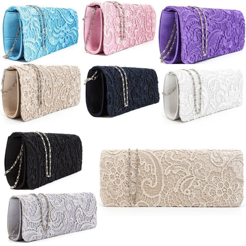 Womens Satin Floral Lace Designer Clutch Bag Evening Party Wedding Purse - Toplen