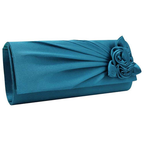 Ladies Satin Clutch Bag With Rose Wedding Party Prom Bridal Handbag - Toplen