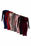Ladies Crushed Velvet Cowl Neck Long Front Ruched Midi Dress - Toplen