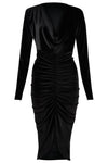 Women's Crushed Velvet Cowl Neck Long Front Ruched Midi Dress - Toplen