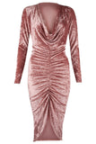 Ladies Crushed Velvet Cowl Neck Long Front Ruched Midi Dress - Toplen