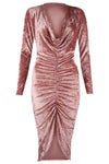 Women's Crushed Velvet Cowl Neck Long Front Ruched Midi Dress - Toplen