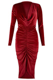Women's Crushed Velvet Cowl Neck Long Front Ruched Midi Dress - Toplen