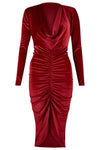 Ladies Crushed Velvet Cowl Neck Long Front Ruched Midi Dress - Toplen