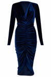 Ladies Crushed Velvet Cowl Neck Long Front Ruched Midi Dress - Toplen