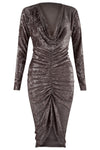 Women's Crushed Velvet Cowl Neck Long Front Ruched Midi Dress - Toplen
