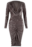 Women's Crushed Velvet Cowl Neck Long Front Ruched Midi Dress - Toplen