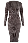 Ladies Crushed Velvet Cowl Neck Long Front Ruched Midi Dress - Toplen