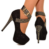 Ladies Platform High Heel Sparky Shimmer Rhinestone Diamante Buckle Ankle Strap - Toplen