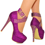 Ladies Platform High Heel Sparky Shimmer Rhinestone Diamante Buckle Ankle Strap - Toplen