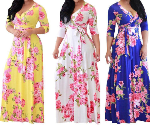 Ladies Boho Floral Chiffon Long Maxi Dress - Toplen
