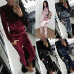 Womens 2PC Crushed Velvet Sweatshirt Joggers Tracksuit - Toplen