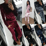 Womens 2PC Crushed Velvet Sweatshirt Joggers Tracksuit - Toplen