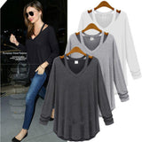 Ladies V Neck Off Shoulder Long Sleeve Loose T Shirt Blouse Tops - Toplen