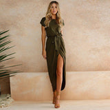 Pure Color Irregular Open Fork Dress - Toplen