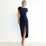 Pure Color Irregular Open Fork Dress - Toplen