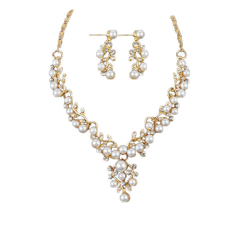 Pearl Rhinestone Necklace Earrings - Toplen