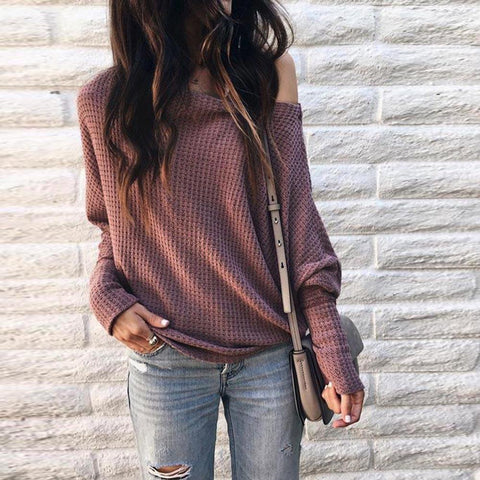 Women Loose Casual off Shoulder Long Sleeve Knit Sweater Tops - Toplen