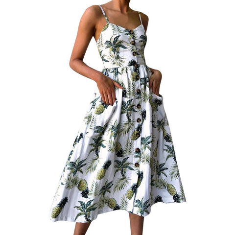 Women Sexy Printing Buttons Off Shoulder Sleeveless Dress - Toplen