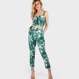 Women Front Tie Leaf Print Crop and Matching Set V neck - Toplen