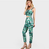 Women Front Tie Leaf Print Crop and Matching Set V neck - Toplen