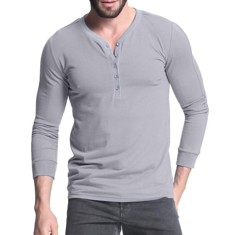 Mens Fashion Slim Fit Plain T-shirt Long Sleeve V Neck - Toplen