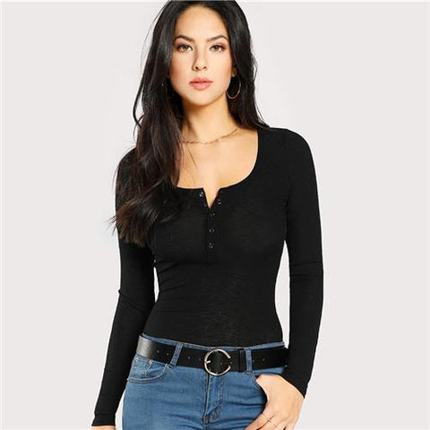 Ladies V Neck Long Sleeve Stretchy Slim Fit Top - Toplen