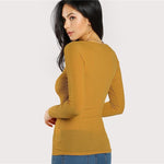 Ladies V Neck Long Sleeve Stretchy Slim Fit Top - Toplen