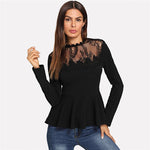 Long Sleeve Contrast Lace Peplum Top - Toplen