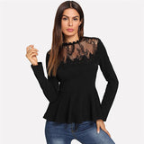 Long Sleeve Contrast Lace Peplum Top - Toplen